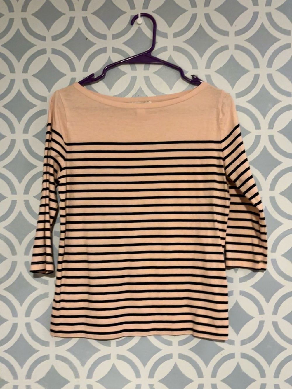 Forever 21 Peach and Black Striped Boatneck Long Sleeve Top